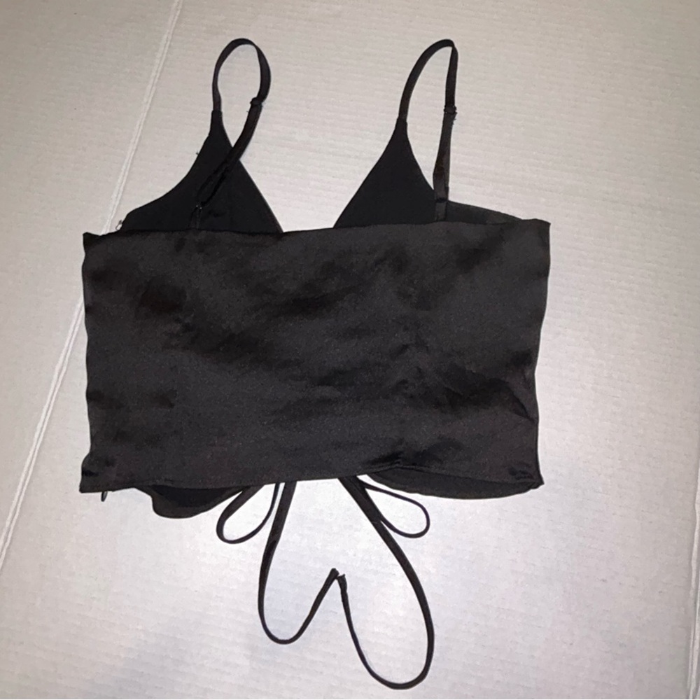 Mustard Seed Black Crop Top Women’s M Butterfly Festival Satin Ruched Drawstring